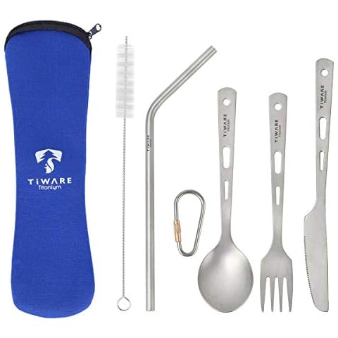 Titanium Knife Fork Spoon Drinking Straw Ultra-Light Weight Tableware Durable Flatware Cutlery Set w. with Carabiner clip Reusable Eco-friendly for hiking camping scouting outdoor sports long lasting Cover