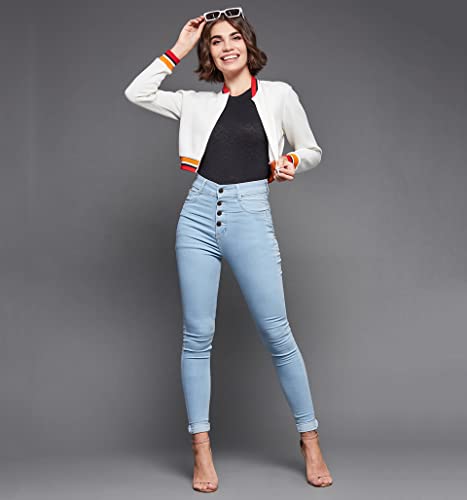 Image of Miss Chase Women's Off White V-Neck Full Sleeves Bomber Cropped Jacket