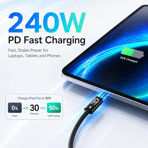 Image of USB4 Cable for Thunderbolt 4, Braided USB C to USB C Cable, 40Gbps Data Transfer, 240W Fast Charging, 8K Display, Compatible with MacBook, iPad Pro, iPhone 16 /17, SSD, Docking (6.6FT)