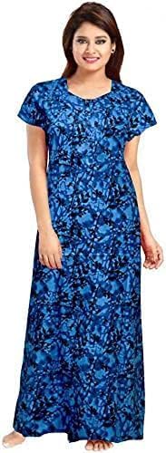 Image of NILOUFO Women's Cotton Printed Maxi Nighty - Pack of 2 | Soft Ankle-Length Sleepwear Gowns for Women | Free Size Night Dresses (Blue,Blue, Free Size)