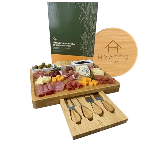 Tábua de Frios e Queijos com 3 Tigelas de Cerâmica e Kit 4 Facas – Tábua de Charcutaria em Bambu – Tabua de Frios Madeira Premium – Ideal Para Presente, Tabua de Frios Petisqueira | HYATTO HOME