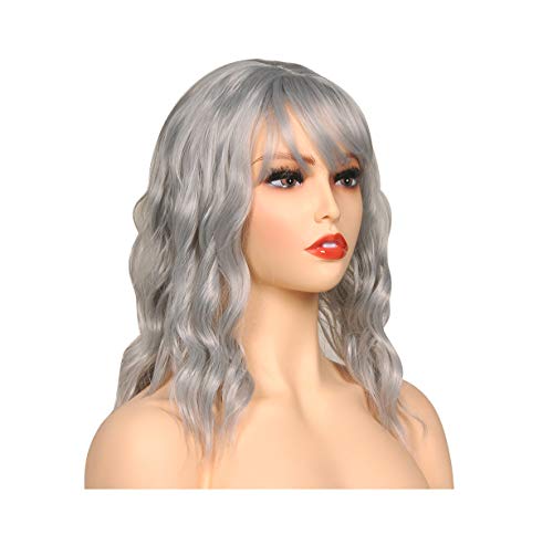 Synthetic Cosplay Wigs for Women Wig With Bangs Short Bob Wigs Curly Wavy Synthetic Cosplay Wigs for Women Costume Party Colorful Wigs for Girl (12", Grey)