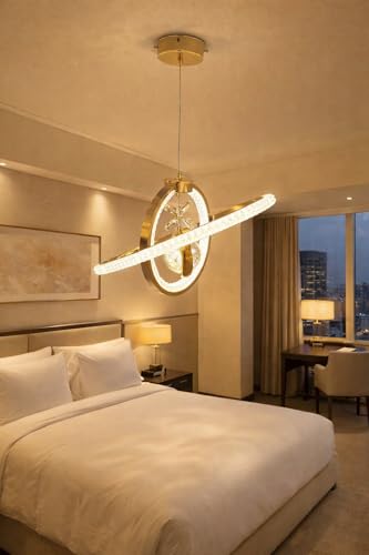Image of Modern Luxury Crystal Stylish LED Ring Gold Finish with 3 Different Color Mode (Warm White, Cool White, Neutral White) Chandelier with Height Adjustable Hanging for Bedroom, Living, Dining,