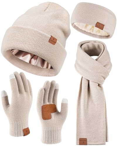 Womens Winter Warm Beanie Hats Gloves Scarf Headband Set for Women Soft Fleece Lined Ear Warmer Knit Scarf Touch Screen Gloves 4 Set Winter Gifts