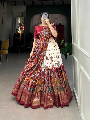 Image of Women's Maroon & Cream Lehenga Choli with Printed Dupatta, Dolla Silk Navratri Chaniya Choli for Garba, Wedding Party Wear Traditional Ethnic Lehenga Set