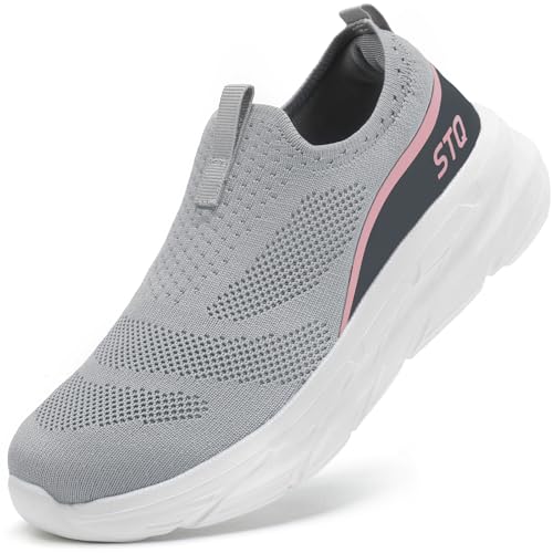 STQ Wide Toe Box Slip on Sneakers Women Cushion Walking Shoes Work Tennis Arch Support Orthopedic Supportive Comfortable Nursing Plantar Fasciitis Gym Workout Non Resistant Grey Pink 8 US