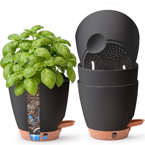 T4U 15cm 4er Set Selbstbewässernder Kräutertopf für Fensterbank & Küche Basilikum Petersilie Schnittlauch u. v. m. für Vielbeschäftigte & Anfänger Innen & Außen (Schwarz)