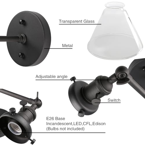 Image of PERMO Double Sconce Vintage Industrial 2-Lights Sconce Matte Black Antique Wall Sconces with Funnel Flared Glass Clear Glass Shade Vanity Light for Bathroom