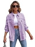 HipGlamp Casual Women's Long Sleeve Denim Jacket Oversized Fit Frayed Hem Distressed Details for School Shopping