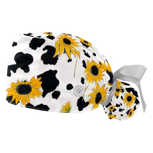 Image of 2 PCS Bouffant Cap with Button Ponytail Pouch Working Cap Sweatband Adjustable Surgical Cap Black and White Cow