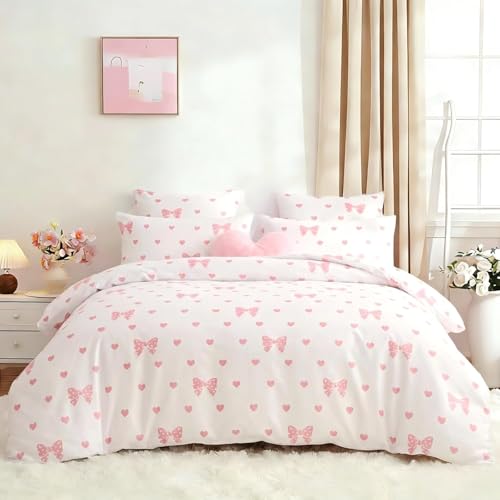 Image of Bow Duvet Cover Twin Size Pink Bows Heart Bedding Set Kids Boys Girls Love Heart Bowknot Soft Breathable Microfiber Comforter Cover Set with Zipper Closure and 1 Pillowcase (No Comforter)