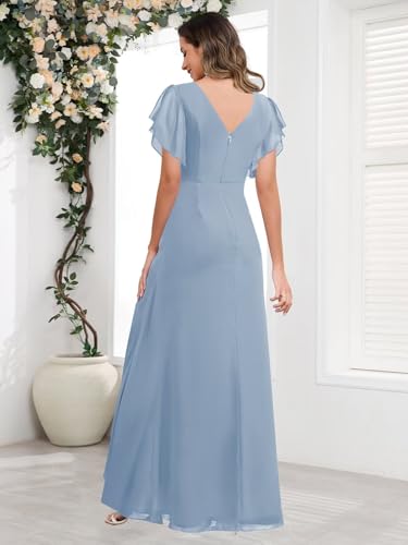 Sukleet Chiffon Mother of The Bride Dresses for Women Long V Neck Beading Formal Evening Dress with Sleeves2