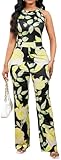 Floral Black Yellow Jumpsuits for Women Dressy Sexy Elegant Sleeveless Long Straight Pants Rompers Party Club with Belt(XX-Large)