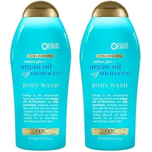 OGX Radiant Glow + Argan Oil of Morocco Extra Hydrating Body Wash for Dry Skin, Moisturizing Gel Body Cleanser for Silky Soft Skin, Paraben-Free, Sulfate-Free Surfactants, 19.5 fl oz (Pack of 2)