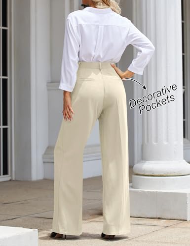 KIM S Women's Business Casual Pleated Wide Leg Dressy Pants with Belt Loops/High Waist Slacks with Pockets4