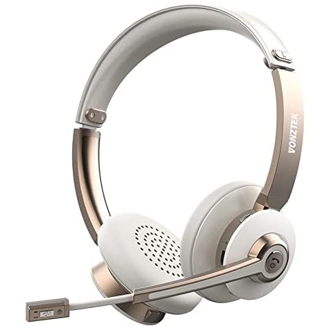 Vonztek Bluetooth Headset, Wireless Headphones with Microphone Noise Canceling, Hands-Free on Ear Headset for Laptop/PC/Office/Call Centre/Skype/Zoom-White Gold Cover