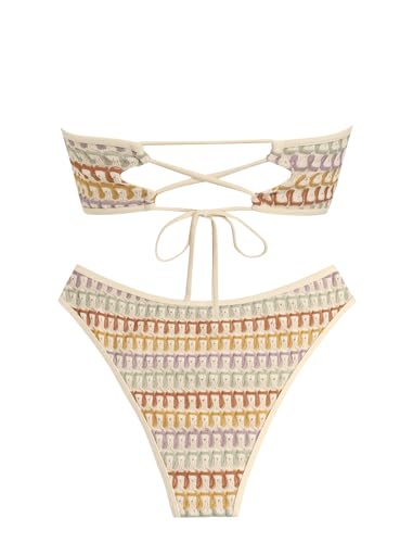 Image of ZAFUL Women Strapless Textured Bandeau Bikini 2 Piece Swimwear Cheeky Solid Lace up Bathing Suits