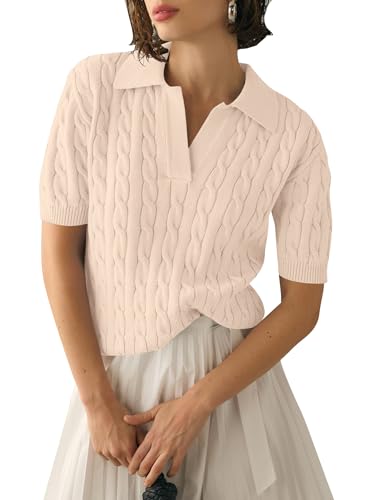 Image of Micoson Womens Short Sleeve Sweater Tops Lapel V Neck Polo Shirts 2026 Summer Cable Knit Loose Blouse Business Casual Outfits