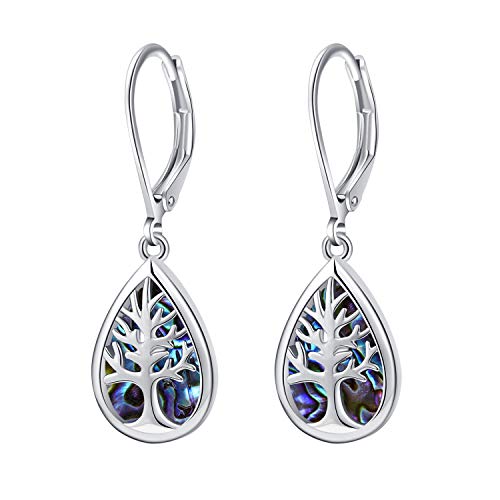 Opal Gem Tree of Life Leverback Earrings Lightweight, Life Tree Abalone or Created Opal drop dangle Earrings For Women Girls