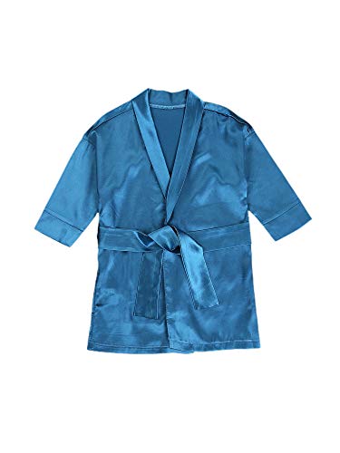 Baby Girls Silky Satin Kimono Robe Solid Color Nightdress Ice Silk Soft Pajama Sleepwear Nightgown with Belt(Blue,1-2T)
