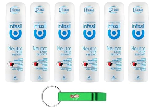 6 x Infasil Deo-Spray, neutral, extra sanft, Anti-Flecken-Formel ohne Aluminiumsalze, wirksam bis zu 24 Stunden, 150 ml + Schlüsselanhänger Beni Culinari