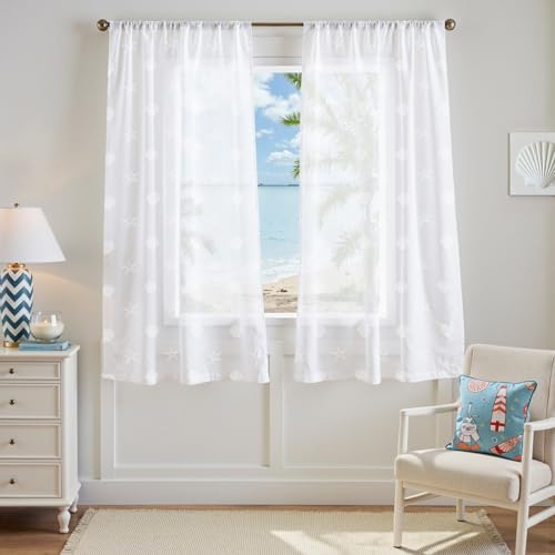 jinchan Sheer Curtains for Living Room Bedroom White Coastal Curtains for Beach Cabin Summer Room 63 Inch Long Voile Light Filtering Seashell Starfish Window Treatments Set Rod Pocket 2 Panels