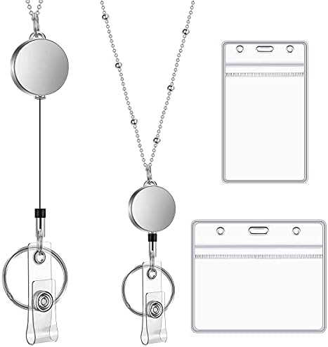 ID Card Holder and Retractable Reel Set Retractable Lanyard Key Chain 2 Pieces Clear Waterproof Plastic ID Badge Holder and Stainless Steel Lanyard Necklace for Keys Holder Card Badge (Silver)