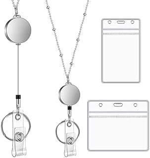 ID Card Holder and Retractable Reel Set Retractable Lanyard Key Chain 2 Pieces Clear Waterproof Plastic ID Badge Holder and Stainless Steel Lanyard Necklace for Keys Holder Card Badge (Silver)