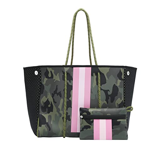 TRANBO Woman Neoprene Beach Tote Bag Large Sand proof Handbags with Wristlet for Summer Vacation Pool Beach Gym (c-Camo)