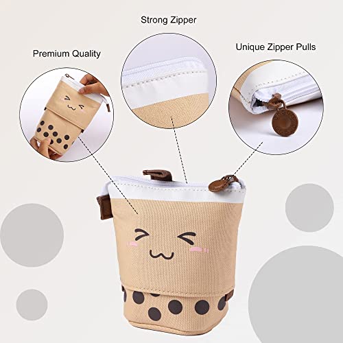 Image of FINEMOE Polyester Standing Pencil Case Cute Pencil Pouch For Girls & Boys - Korean Boba Pop Up Stationery Makeup Cosmetic Organizer Box, Pen Pencil Pouches (Brown)
