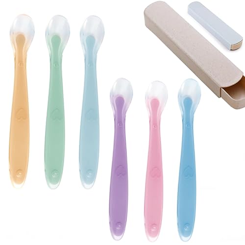 Oruiiju 6pcs Cuchara de Aprendizaje para Bebe,Cucharas Siliconas Bebé,Silicona Suave Cuchara de Punta de alimentación para bebés, Cuchara para Bebé para Comer Independiente, FSS-6