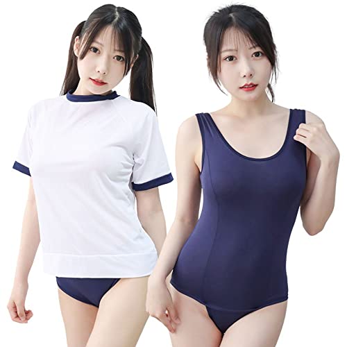 [MONEON] エッチ コスプレ 体操服 穴あき 過激 スクール水着 旧型 体操着 ＆ ブルマ ＆ スク水 3点セット オープンクロッチ 女性 えっちな下着 セクシー 大人のコスプレ 撮影会 イベント ブルマー 紺色 競泳 定番 シンプル - 画像1