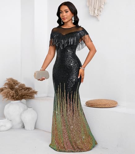 Image of Cololura Sexy Sequin Tassel Mesh Perspective Party Cocktail Bodycon Evening Club Maxi Dress