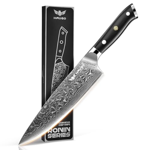 Damascus Chef Knife - Haugo 8 Inch Kitchen Knife with Japanese VG10 Steel Core - Full Tang Handle -...