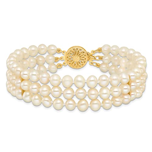 Jewelplus 14K Yellow Gold 5-6Mm White Near Round Freshwater Cultured Pearl 3-Strand Bracelet - 7.5" #TOP3