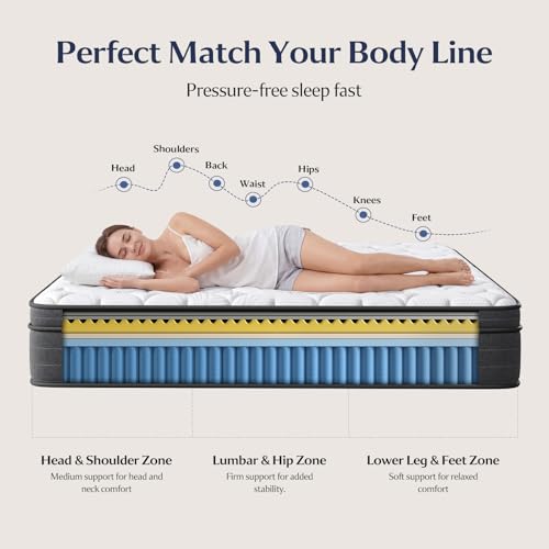Image of Yaak Full Size Mattress 12 Inch - Cooling Hybrid Single Mattress in a Box for Back Pain Relief - Pocket Spring & Memory Foam | Fiberglass-Free, Medium Firm Feel, CertiPUR-US, 120 Nights Trial