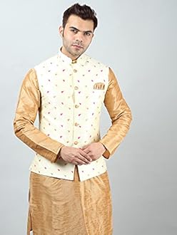 Ethluxis® Men's Silk Blend Kurta Churidar Pyjama with Ethnic Bundi Jacket Set