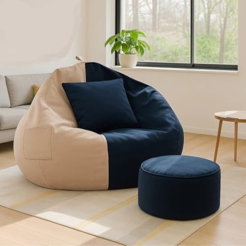 Mansu 4XL Bean Bag Cover with Footrest & Cushion (Without Beans) (4XL) (Cream NavyBlue)