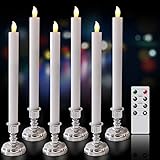 DRomance White Flameless LED Window Taper Candles Battery Operated with Remote and Timer Dimmable Flickering Light Dinner Wedding Christmas Holiday Decor LED Candles(6 Pack Silver Holder Included)