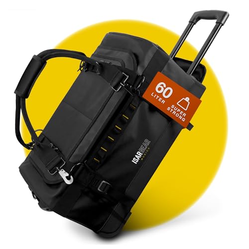 Isar Gear® Reisetasche mit Rollen 60 Liter - Outdoor Travel Bag (Schwarz) aus wetterfestem Material - Großer Reisekoffer mit Rollen, Sporttasche mit Rollen, Duffle Bag - Trolley (Koffertasche)