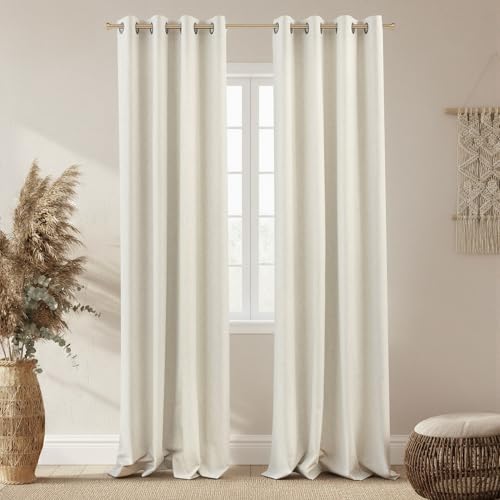 Image of 100% Blackout Linen Textured Curtains for Bedroom Full Light Blocking Room Darkening Bronze Grommet Window Drapes Thermal Insulated Energy Efficient Home Decor 52x90 Natural (2 Panels)