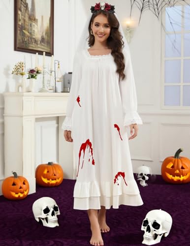 Rubehoow Women's Victorian Nightgown Vintage Long Sleeve Pajama Dress Soft Cotton Lounge Dress Nightwear2