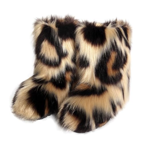 Women Faux Fur Boots Furry Plush Winter Fashion Shoes Fluffy Warm Snow Boots Mid-Calf Comfortable Outdoor Flat