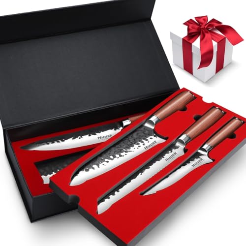 Huusk Japanese Chef Knife Set 6 pcs, Kitchen Knives with Hand-forged High Carbon Steel Blade, Sharp Cooking Knife Set with Ergonomic Wood Handle, Professional Kitchen Knives Sets, Christmas Gifts
