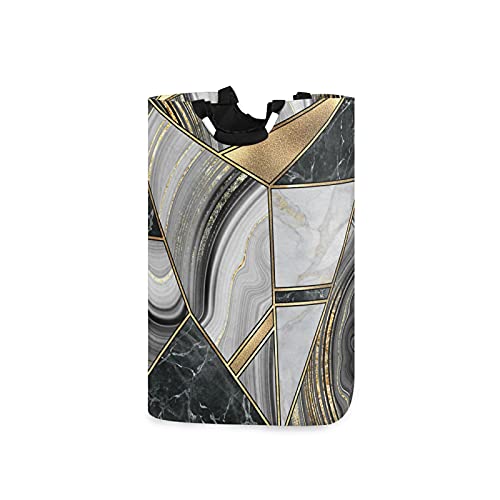 Marble Granite Agate Black Grey Gold Art Paint Marble Triangle Tiles Laundry Hamper Basket Bucket, Foldable Dirty Clothes Bag, Waterproof Fabric Washing Bin, Toy Storage with Handles for Bathroom