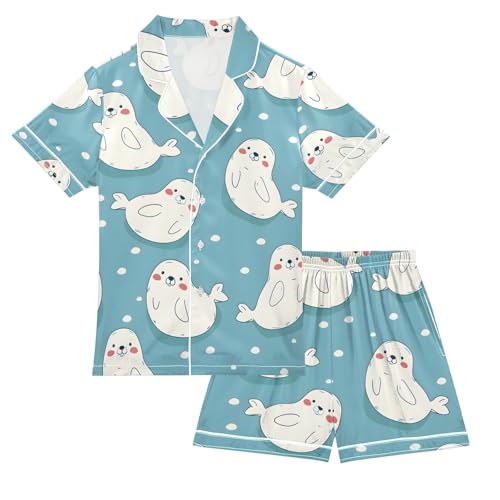 ALAZA Cute Seal Pajamas Satin Pajama Set Short Sleeve Button Down Sleepwear