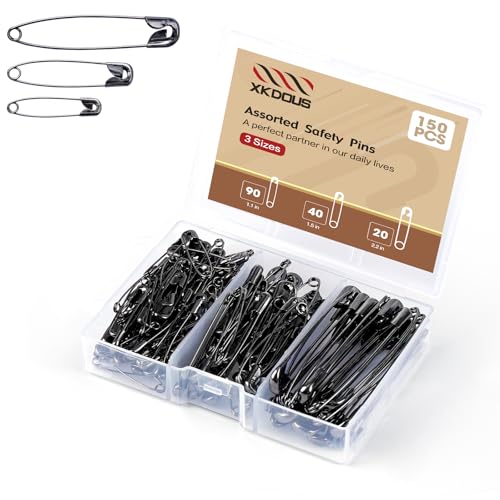 XKDOUS Safety Pins - 150 Pcs Assorted Sizes Black Pins Bulk - Small & Large Heavy Duty for Clothes, Sewing, Craft
