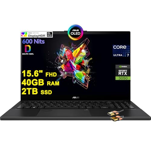 ASUS Vivobook Pro 15 OLED Creator Laptop 15.6' FHD OLED 600nits 100% DCI-P3 Intel 16-core Ultra 7 155H 40GB RAM 2TB SSD GeForce RTX 3050 Backlit Thunderbolt Harman/Kardon Fast Charge Win11 +HDMI Cable