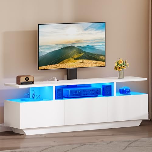 YITAHOME Modern TV Stand with Mount, Entertainment Center with Power Outlet for 65 inch TVs, LED Lights TV Console with Storage for Living Room, White White with mount&3 doors