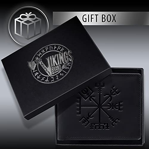 Genuine Crazy Horse Leather Wallet – Viking Vegvisir Engraved Black Bifold Wallet – Rfid Blocking Runic Compass Signpost Design Leather Wallet For Protection, Fits Up To 10 Cards #TOP4